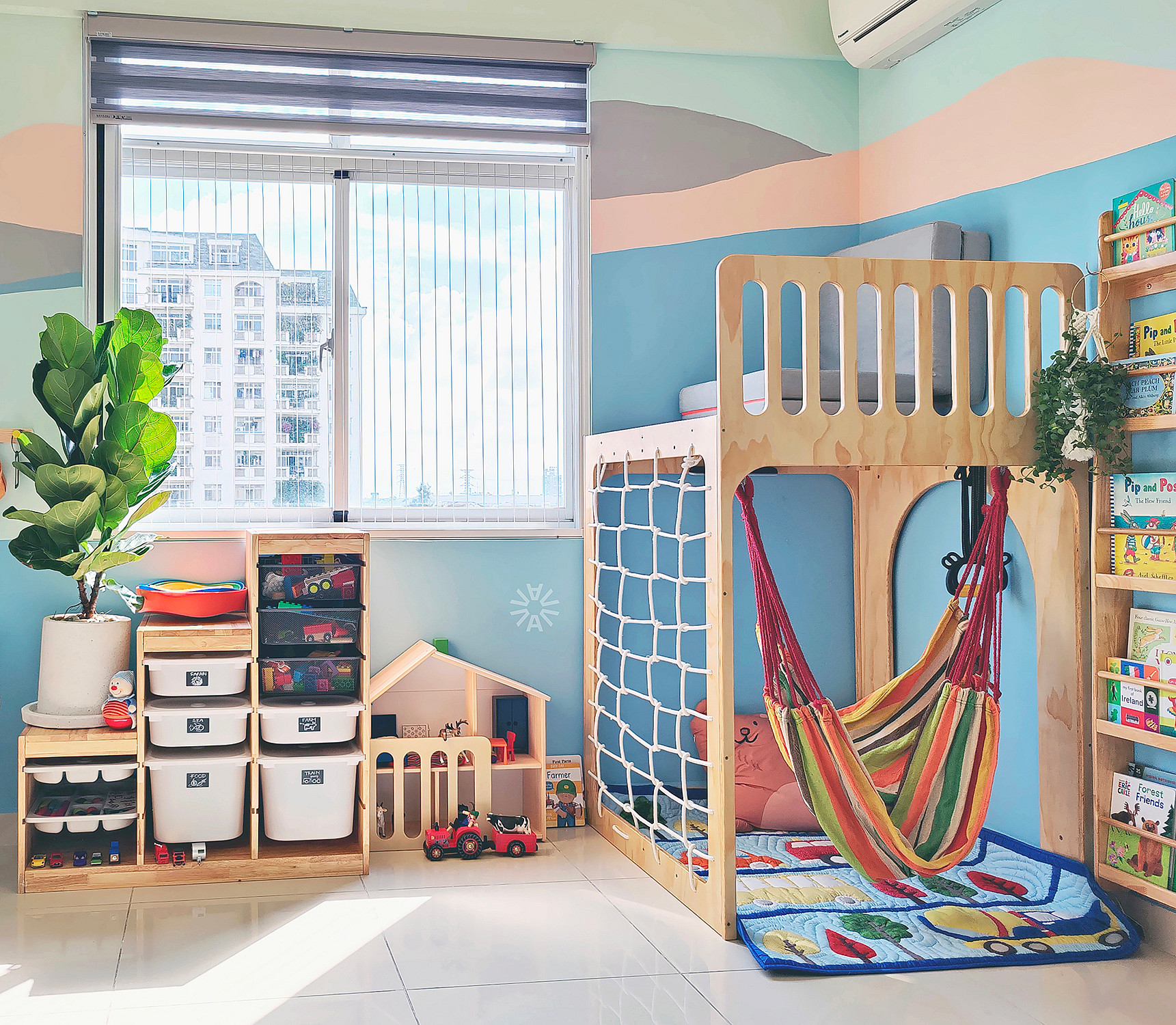 Children's room with climbing frame and hammock