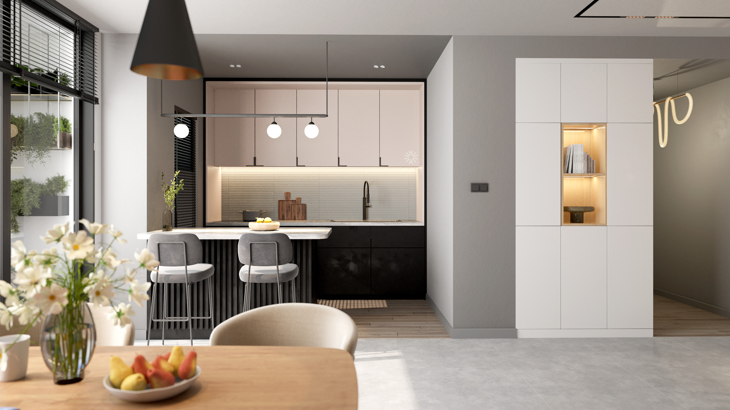 Duplex apartment kitchen and dining area